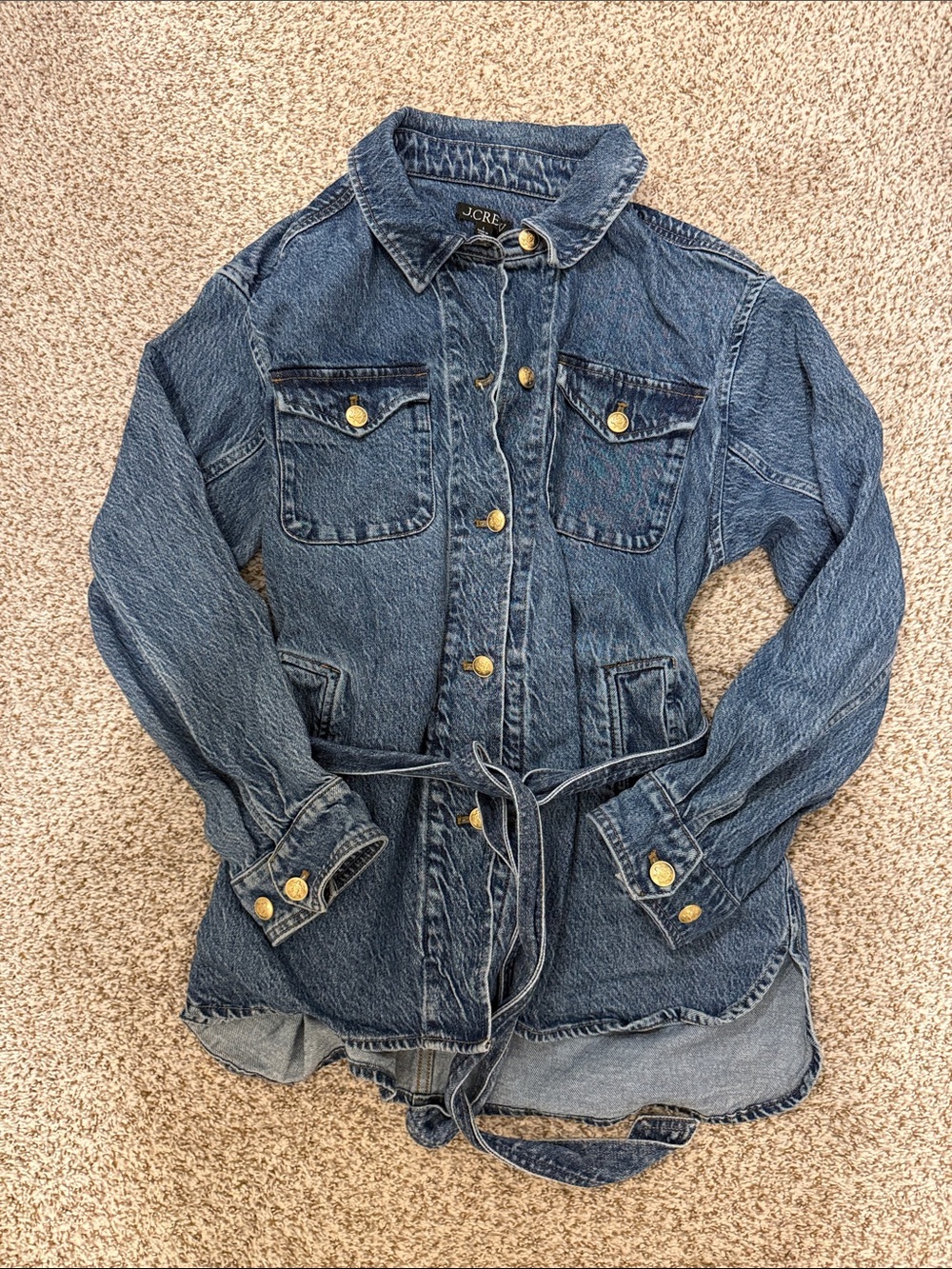 J.Crew belted longline denim jacket with gold buttons sz L large